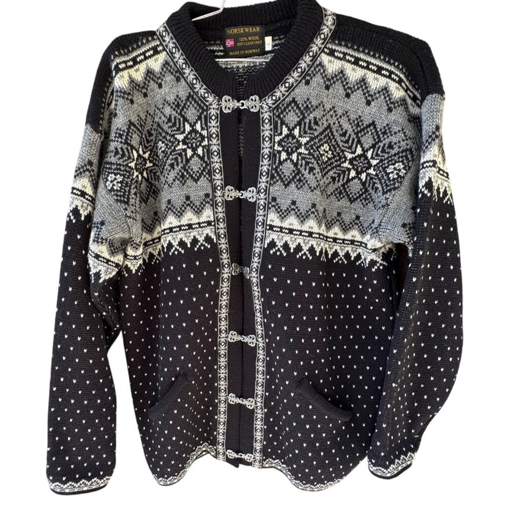 vintage Norsk Wear 100% wool Norwegian cardigan women's size L w/ pewter hooks,